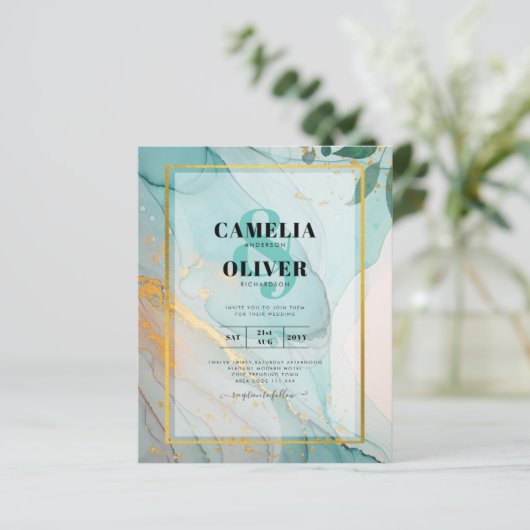 LeahG Sea Glass Aquamarin Gold INK Wedding INVITE (Stehend Vorderseite)