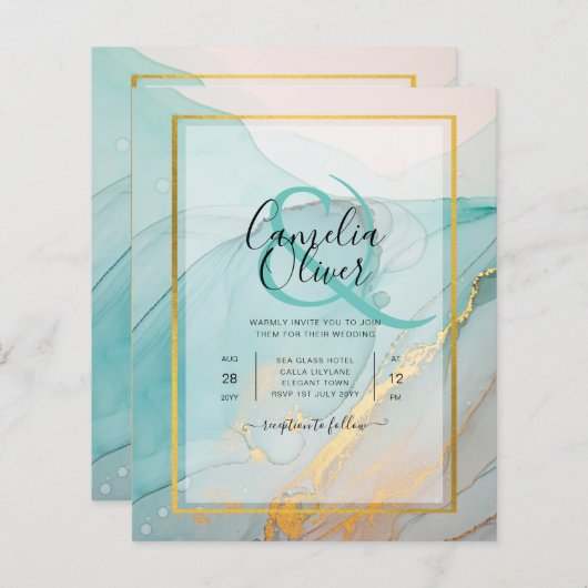 LeahG Sea Glass Aquamarin Gold INK Wedding INVITE (Vorne/Hinten)