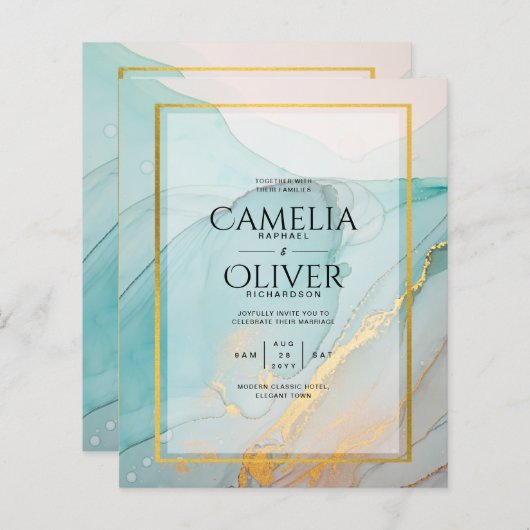 LeahG Sea Glass Aquamarin Gold INK Wedding INVITE (Vorne/Hinten)