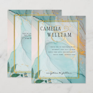 LeahG Sea Glass Aquamarin Gold INK Wedding INVITE
