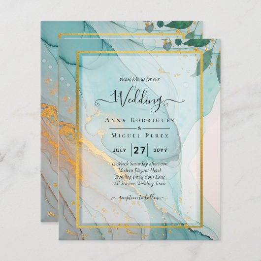 LeahG Sea Glass Aquamarin Gold INK Wedding INVITE (Vorne/Hinten)