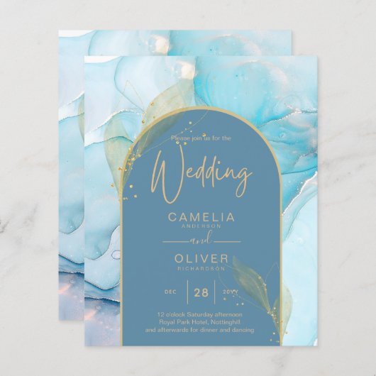LeahG Sea Glass Gold Ink Aqua Blue Wedding INVITE (Vorne/Hinten)