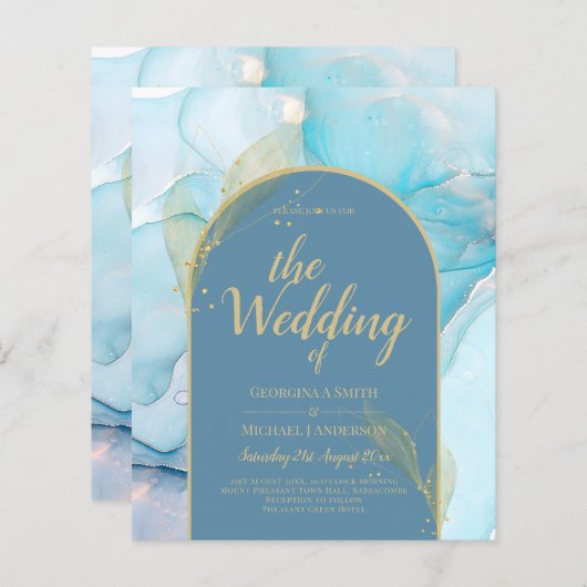 LeahG Sea Glass Gold Ink Aqua Blue Wedding INVITE (Vorne/Hinten)
