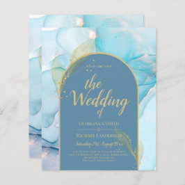 LeahG Sea Glass Gold Ink Aqua Blue Wedding INVITE
