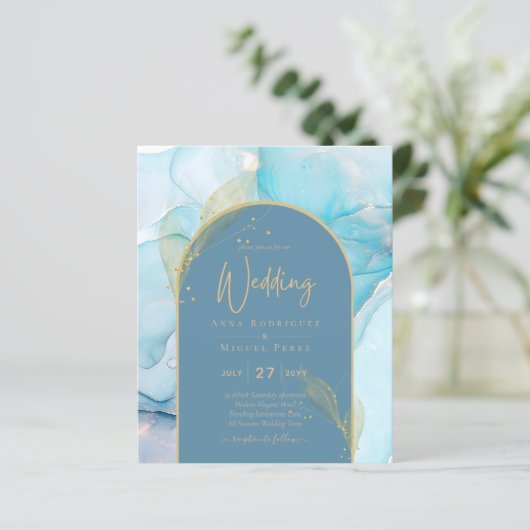 LeahG Sea Glass Gold Ink Aqua Blue Wedding INVITE (Stehend Vorderseite)
