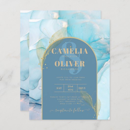 LeahG Sea Glass Gold Ink Aqua Blue Wedding INVITE (Vorne/Hinten)