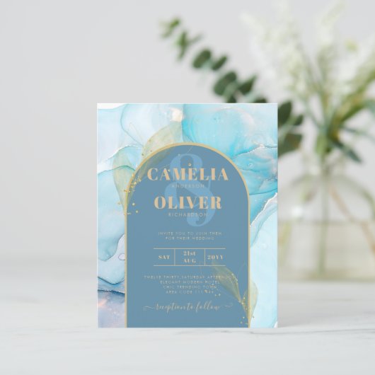 LeahG Sea Glass Gold Ink Aqua Blue Wedding INVITE (Stehend Vorderseite)
