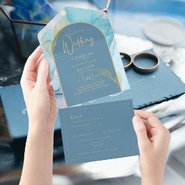 LeahG Sea Glass Gold Ink Aqua Blue Wedding INVITE All In One Einladung