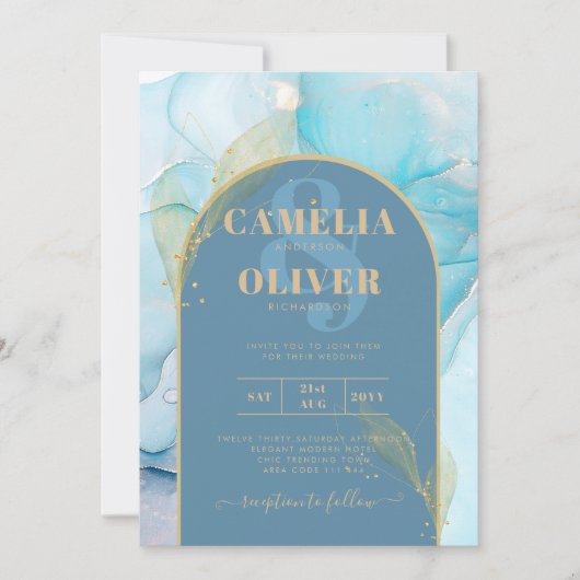 LeahG Sea Glass Gold Ink Aqua Blue Wedding INVITE Einladung (Vorderseite)