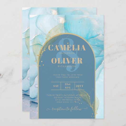 LeahG Sea Glass Gold Ink Aqua Blue Wedding INVITE Einladung (Vorne/Hinten)