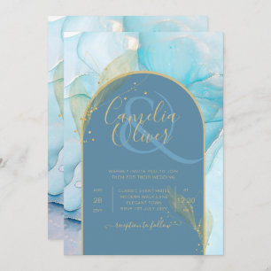 LeahG Sea Glass Gold Ink Aqua Blue Wedding INVITE Einladung