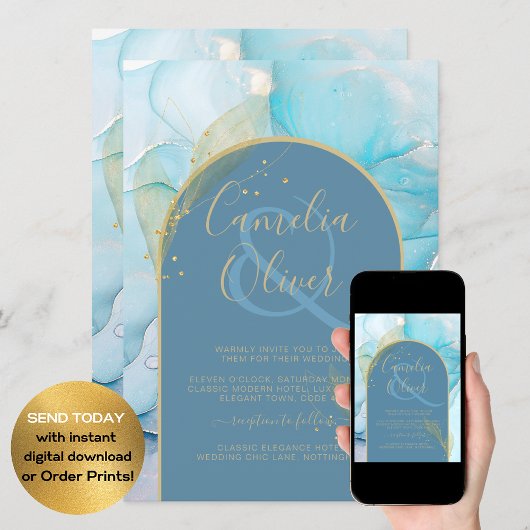 LeahG Sea Glass Gold Ink Aqua Blue Wedding INVITE Einladung