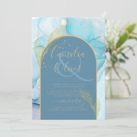LeahG Sea Glass Gold Ink Aqua Blue Wedding INVITE Einladung (Stehend Vorderseite)