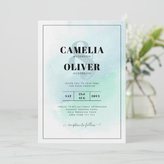 LeahG Sea Glass Türkis Aquamarin Blue Wedding INVI Einladung (Stehend Vorderseite)