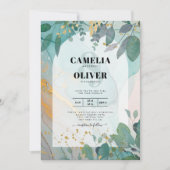 LeahG Seaglass Ink Aquamarin Gold Greenery Wedding Einladung (Vorderseite)