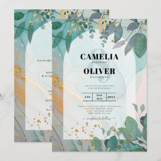 LeahG Seaglass Ink Aquamarin Gold Greenery Wedding Einladung (Vorne/Hinten)