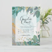 LeahG Seaglass Ink Aquamarin Gold Greenery Wedding Einladung (Stehend Vorderseite)