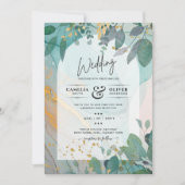 LeahG Seaglass Ink Aquamarin Gold Greenery Wedding Einladung (Vorderseite)
