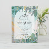 LeahG Seaglass Ink Aquamarin Gold Greenery Wedding Einladung (Stehend Vorderseite)