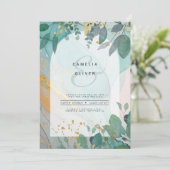 LeahG Seaglass Ink Aquamarin Gold Greenery Wedding Einladung (Stehend Vorderseite)