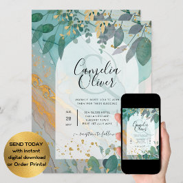 LeahG Seaglass Ink Aquamarin Gold Greenery Wedding Einladung