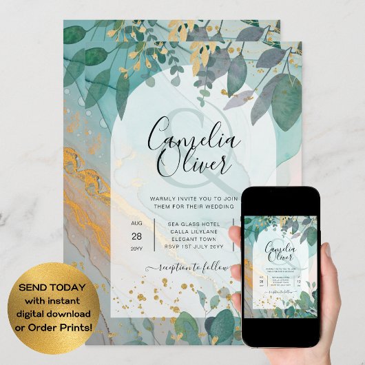 LeahG Seaglass Ink Aquamarin Gold Greenery Wedding Einladung