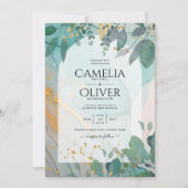 LeahG Seaglass Ink Aquamarin Gold Greenery Wedding Einladung (Vorderseite)