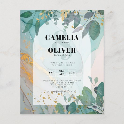 LeahG Seaglass Ink Aquamarin Gold Greenery Wedding Flyer (Vorne)