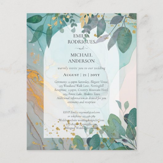 LeahG Seaglass Ink Aquamarin Gold Greenery Wedding Flyer (Vorne)