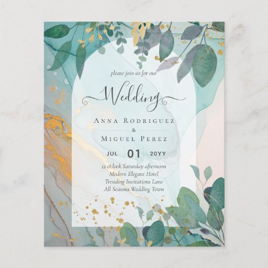 LeahG Seaglass Ink Aquamarin Gold Greenery Wedding Flyer (Vorne)
