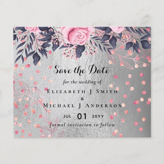 LeahG Silver Navy Rosegold PInk Floral Wedding Flyer (Vorne)