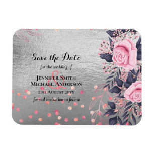 LeahG Silver Navy Rosegold PInk Floral Wedding Magnet