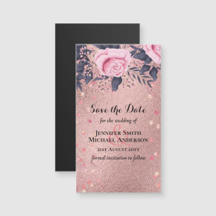 LeahG Silver Navy Rosegold PInk Floral Wedding Magnetkarte