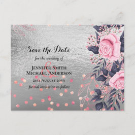 LeahG Silver Navy Rosegold PInk Floral Wedding Postkarte