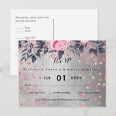 LeahG Silver Navy Rosegold PInk Floral Wedding Postkarte (Vorne/Hinten)