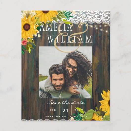 LeahG Sonnenblumen Hochzeit rustikales Holz Spitze Flyer (Vorne)