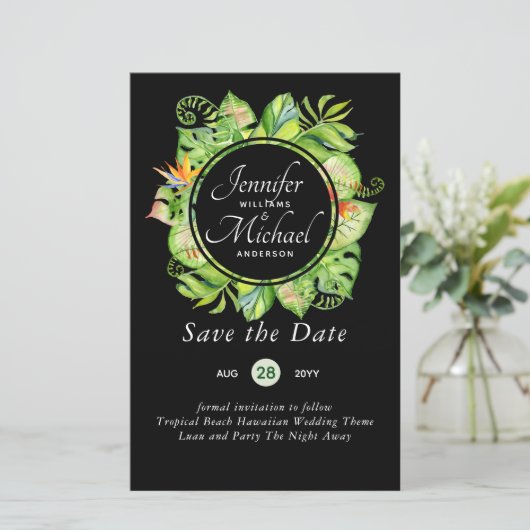 LeahG Tropical Blätter Beach Wedding Save the Date (Stehend Vorderseite)