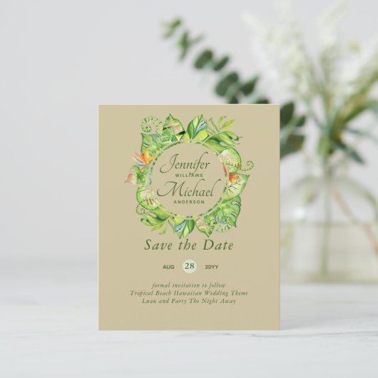 LeahG Tropical Blätter Beach Wedding Save the Date (Stehend Vorderseite)
