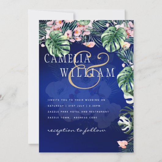 LeahG Tropical Blue Green Pink Floral Wedding Einladung (Vorderseite)