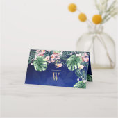LeahG Tropical Blue Green Pink Floral Wedding Platzkarte (Rückseite)