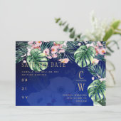 LeahG Tropical Blue Green Pink Floral Wedding Save The Date (Stehend Vorderseite)