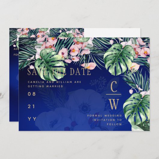 LeahG Tropical Blue Green Pink Floral Wedding Save The Date (Vorne/Hinten)