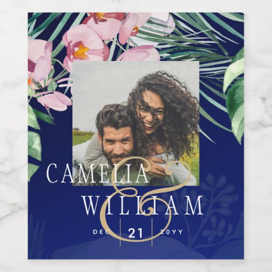 LeahG Tropical Blue Green Pink Floral Wedding Weinetikett (Einzelnes Label)