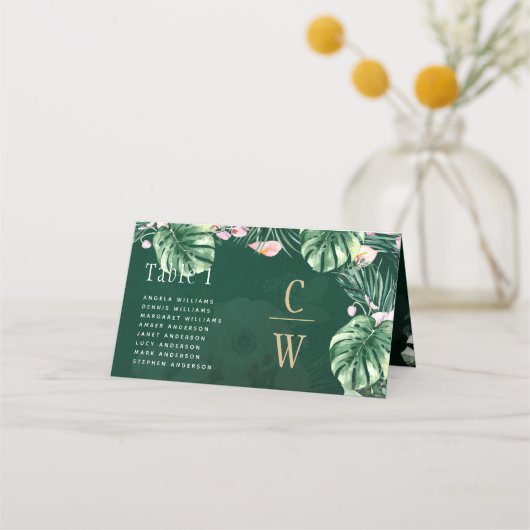 LeahG Tropical Green Pink Botanical Wedding Platzkarte (Vorderseite)