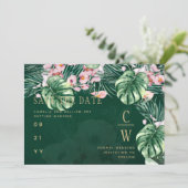 LeahG Tropical Green Pink Botanical Wedding Save The Date (Stehend Vorderseite)