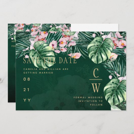 LeahG Tropical Green Pink Botanical Wedding Save The Date (Vorne/Hinten)