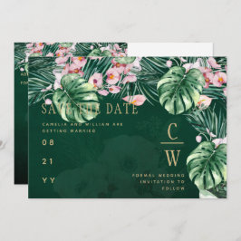 LeahG Tropical Green Pink Botanical Wedding Save The Date
