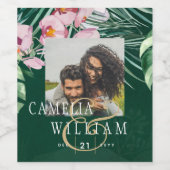 LeahG Tropical Green Pink Botanical Wedding Weinetikett (Einzelnes Label)