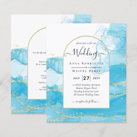 LeahG Turquoise Gold Aqua Blue Wedding INVITE (Vorne/Hinten)
