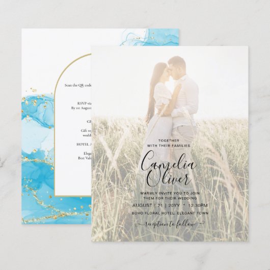 LeahG Turquoise Gold Aqua Blue Wedding INVITE (Vorne/Hinten)